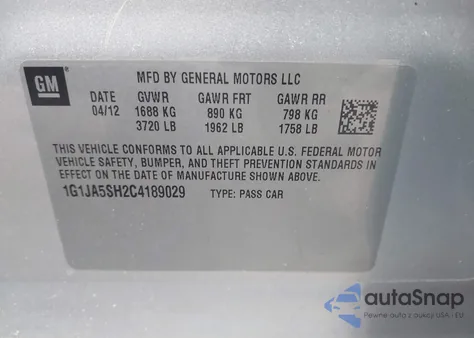 2012 Chevrolet Sonic 2Ls из США, поврежденный, VIN 1G1JA5SH2C4189029